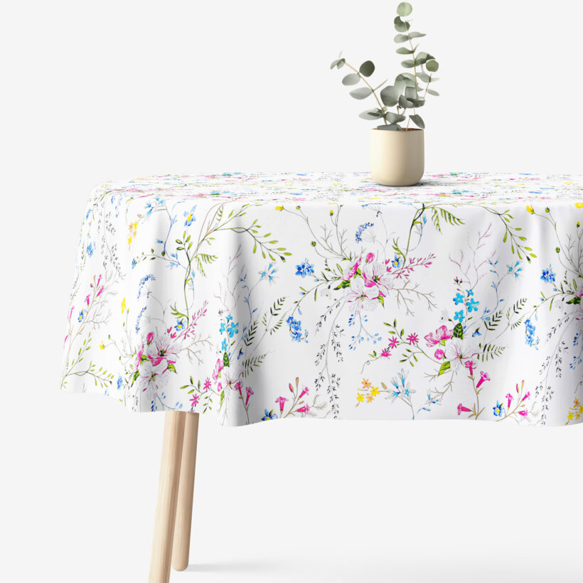 Ovale Tischdecke aus 100% Baumwolle - Gemalte Wiesenblumen