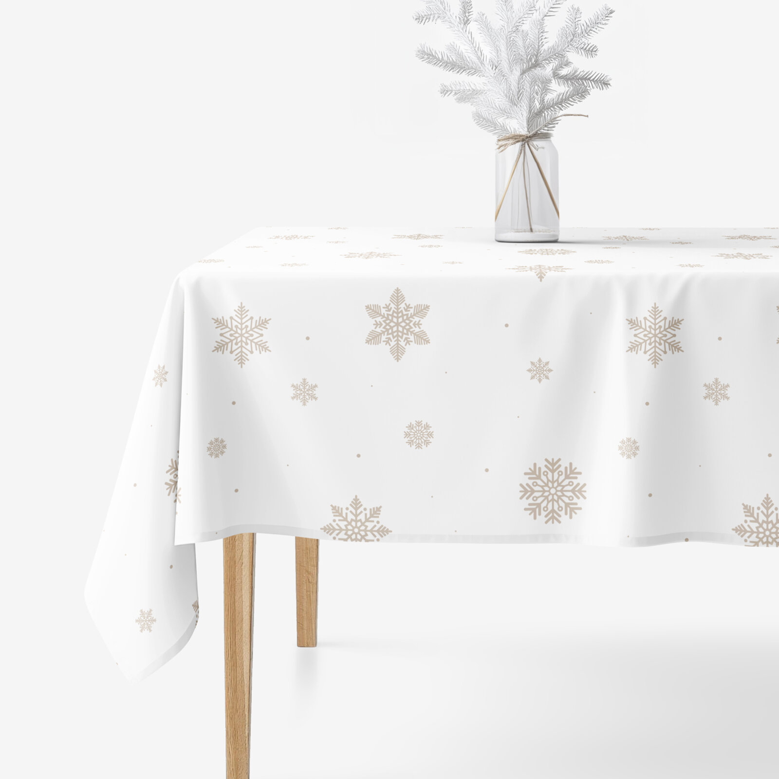Eckige weihnachtliche Tischdecke 100% Baumwolle - Schneeflocken auf Weiß
