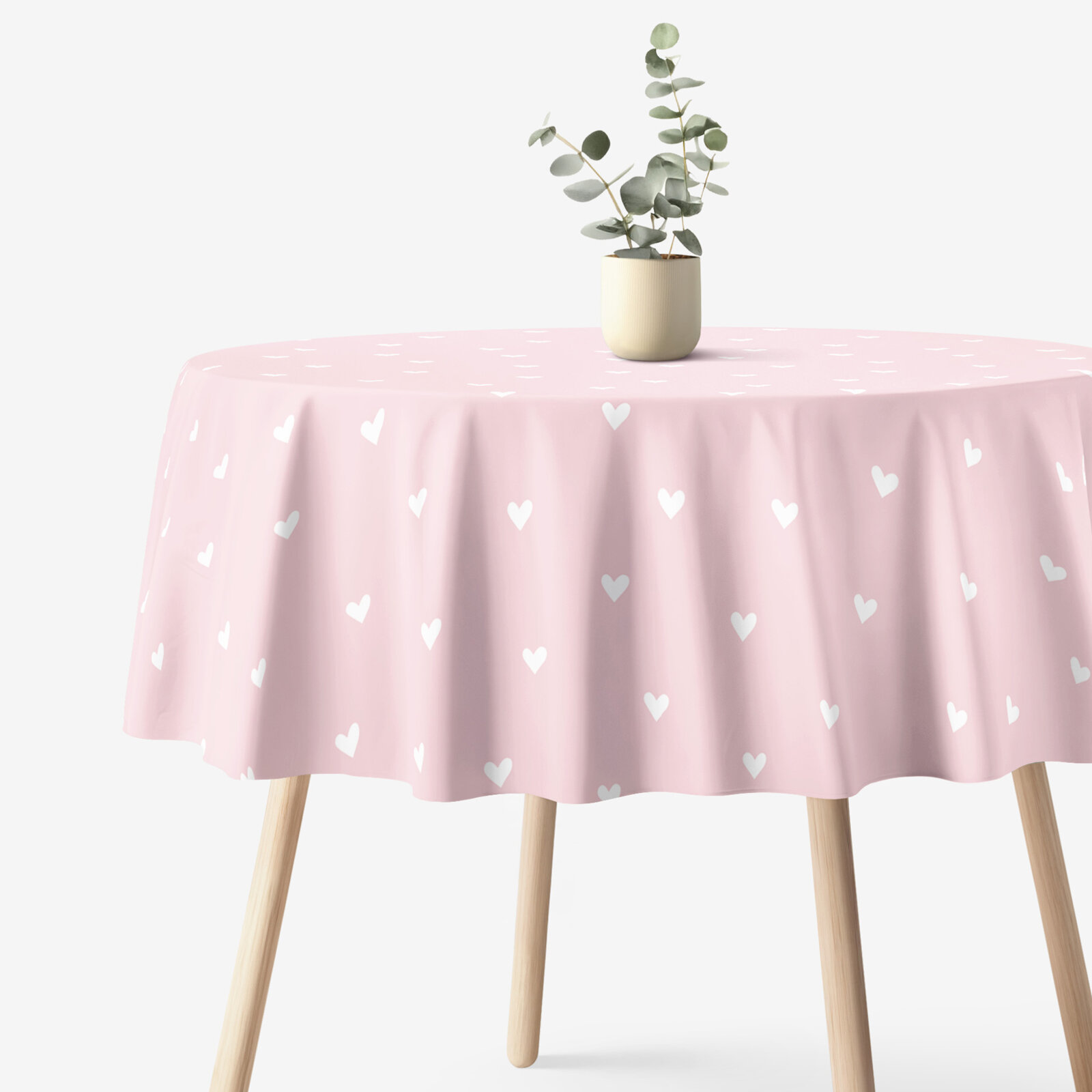 Runde Tischdecke 100% Baumwolle - Herzchen auf Puderrosa