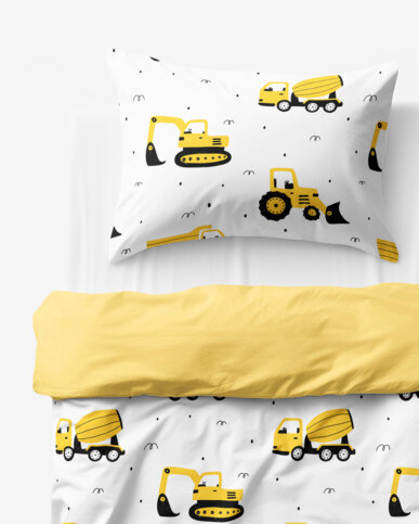 Kinder-Bettwäsche aus Baumwolle Duo - Bagger und Baufahrzeuge mit gelb