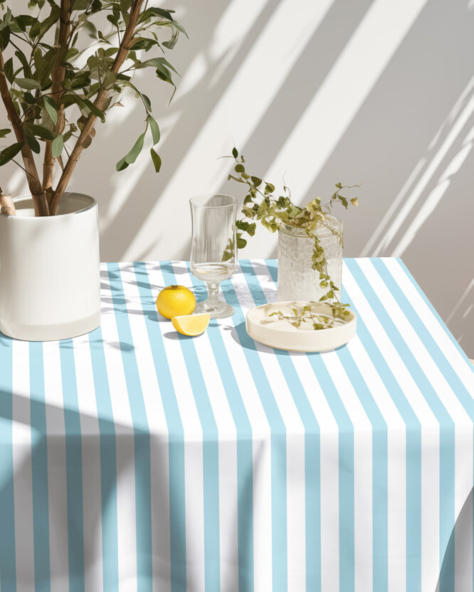 Eckige Tischdecke 100% Baumwolle - blaue Streifen