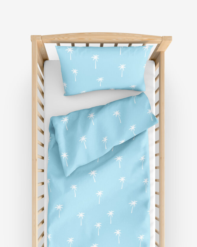 Bettwäsche für Babybetten aus Baumwolle - Palmen auf Pastellblau