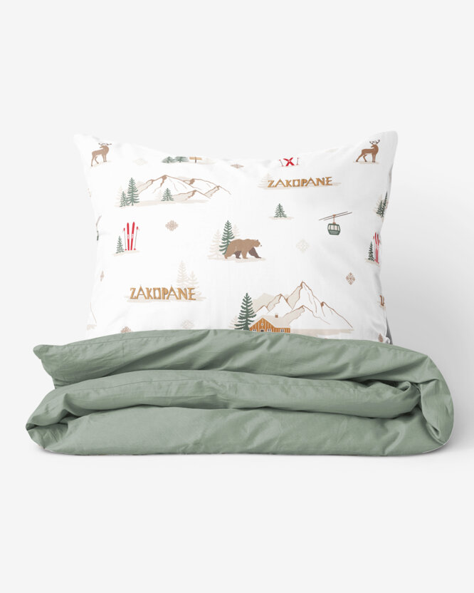 Weihnachts-Bettwäsche aus Baumwolle Duo - Zakopane mit Salbeigrün