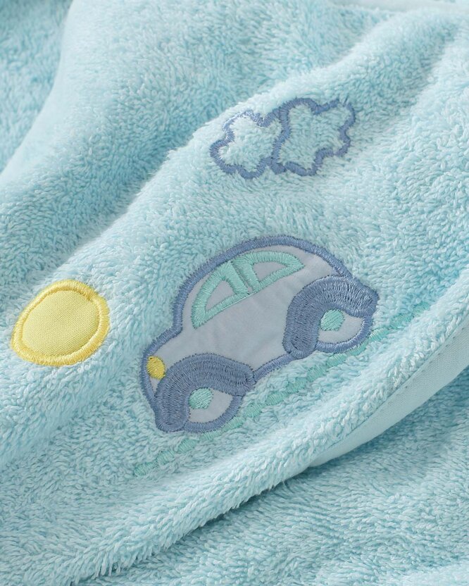 Frottee Babybadetuch mit Kapuze - Auto auf Blau