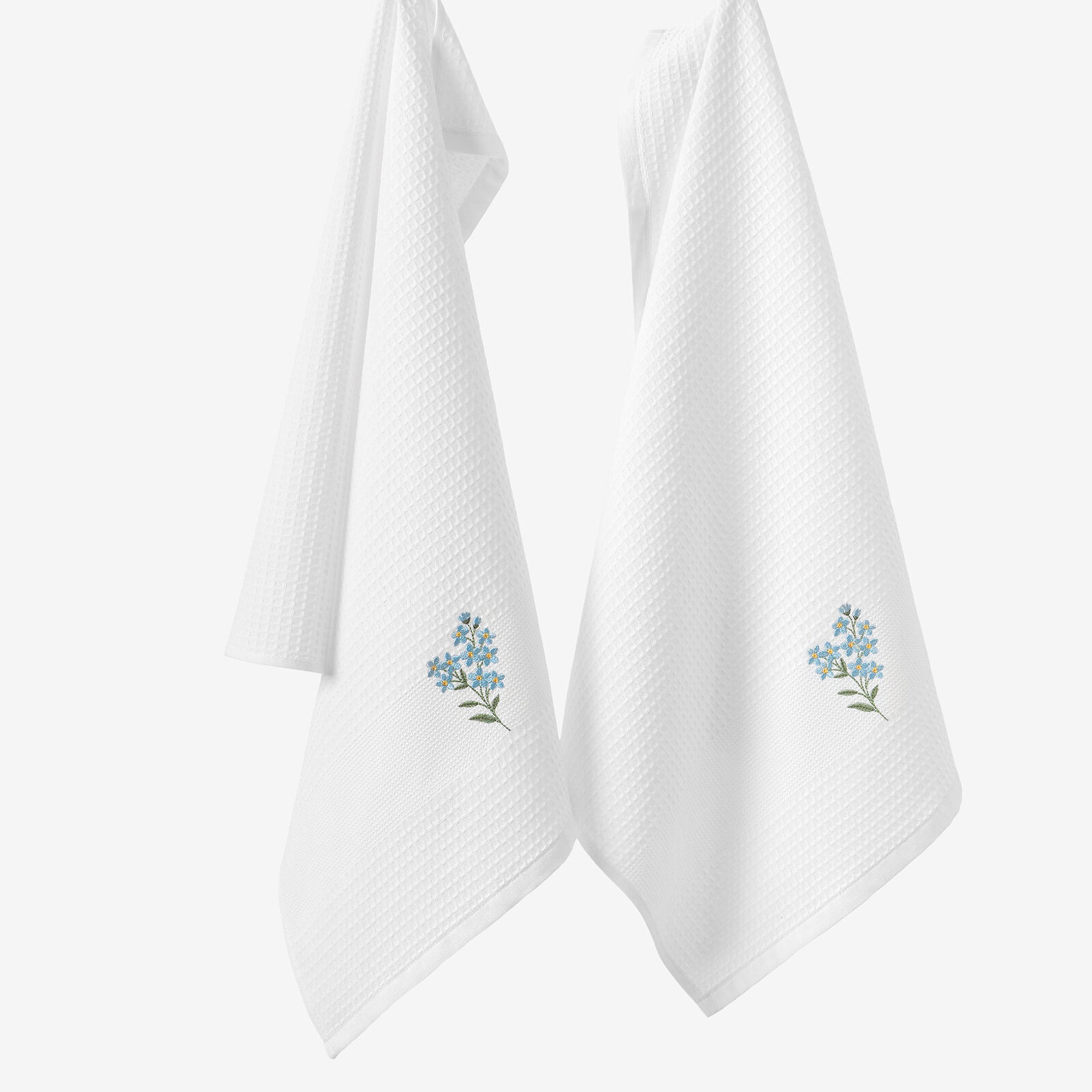 Waffel-Geschirrtuch mit Stickerei - Vergissmeinnicht auf Weiß