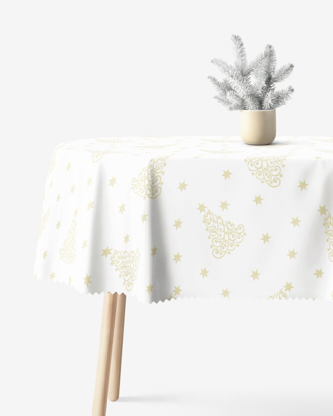 Ovale Weihnachts Teflon-Tischdecke - Goldene Tannenbäume und Sterne