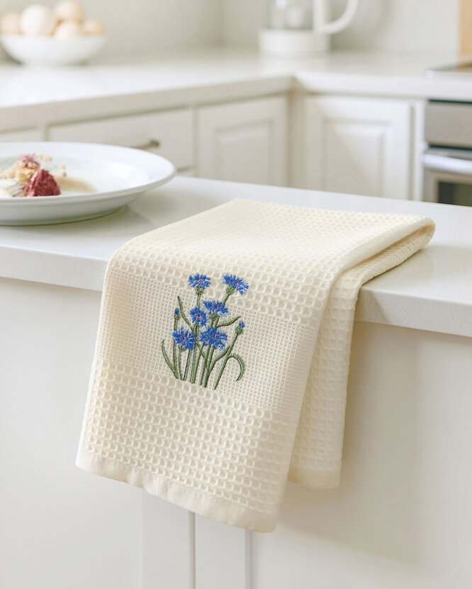 Waffel-Geschirrtuch mit Stickerei - Kornblumen auf Creme