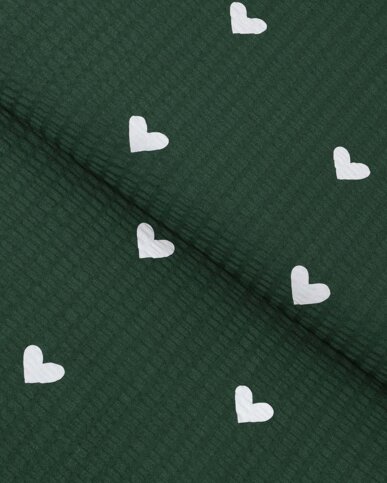 Weihnachtlicher Seersucker - Herzchen auf Dunkelgrün