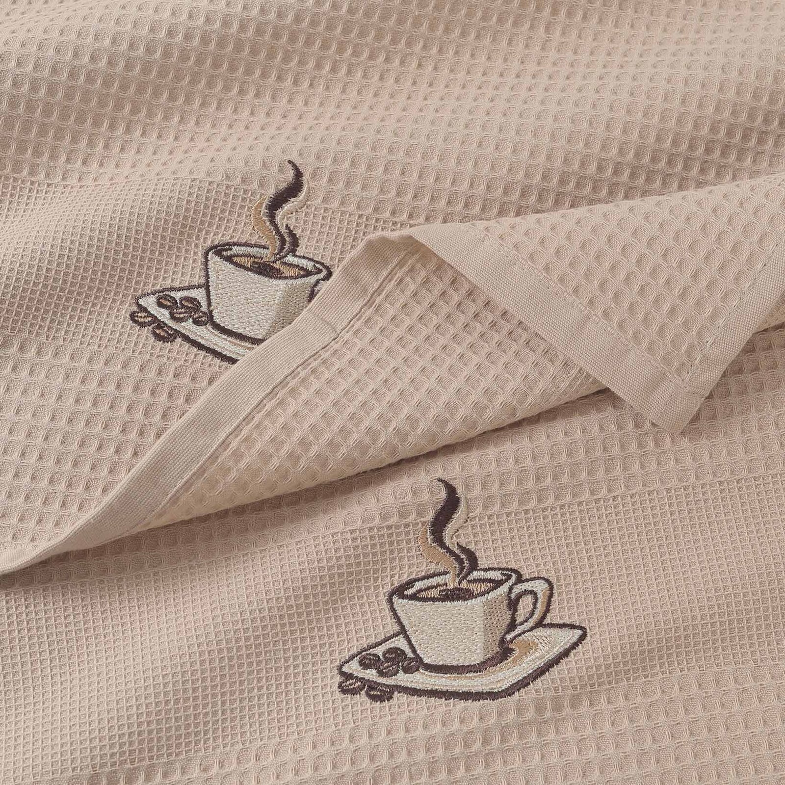 Waffel-Geschirrtuch mit Stickerei - Kaffee auf Braun