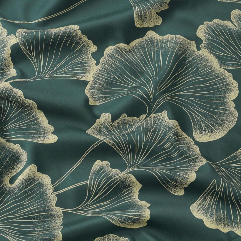 Mako-Satin - Ginkgoblätter auf Dunkelgrün