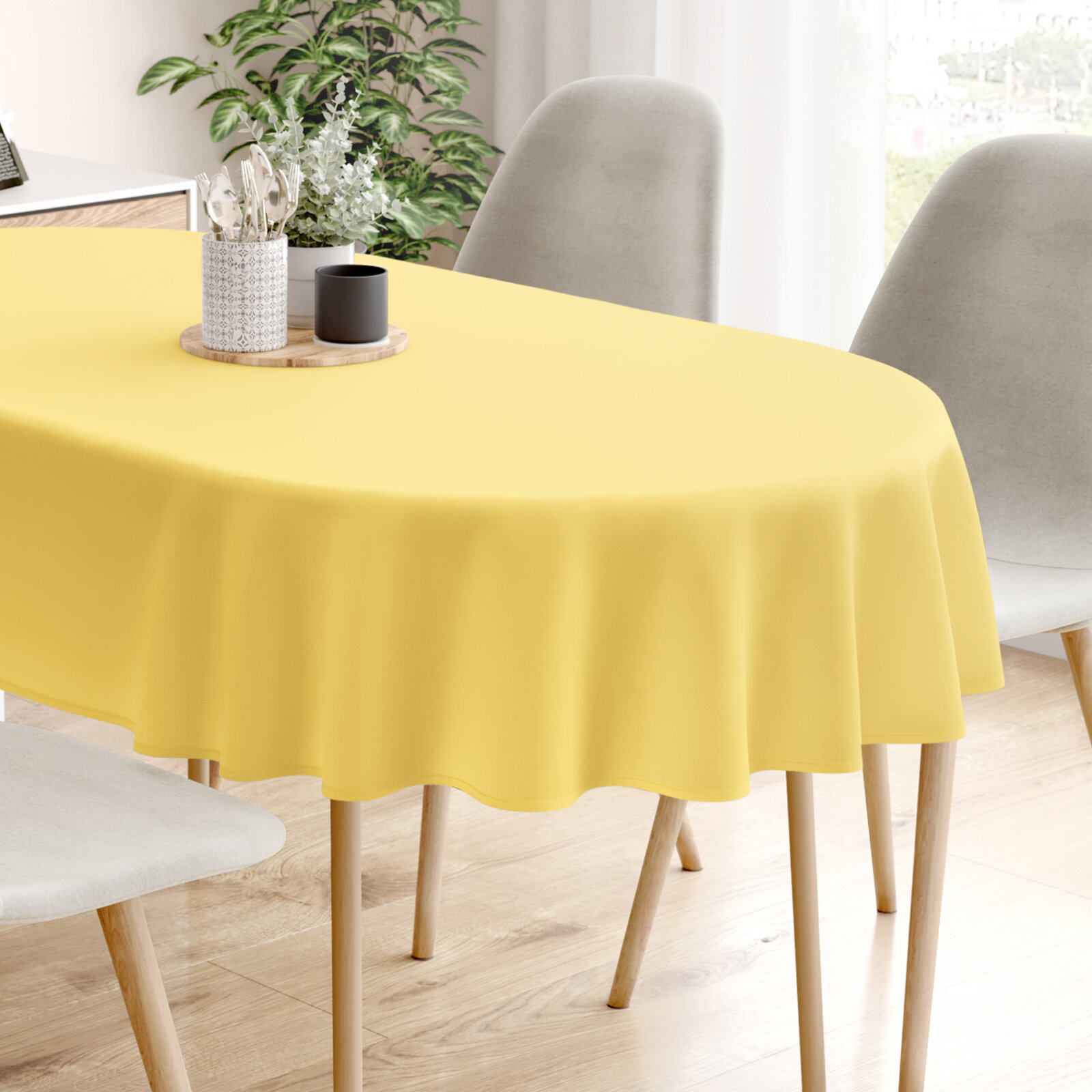 Ovale Tischdecke aus 100% Baumwolle - gelb