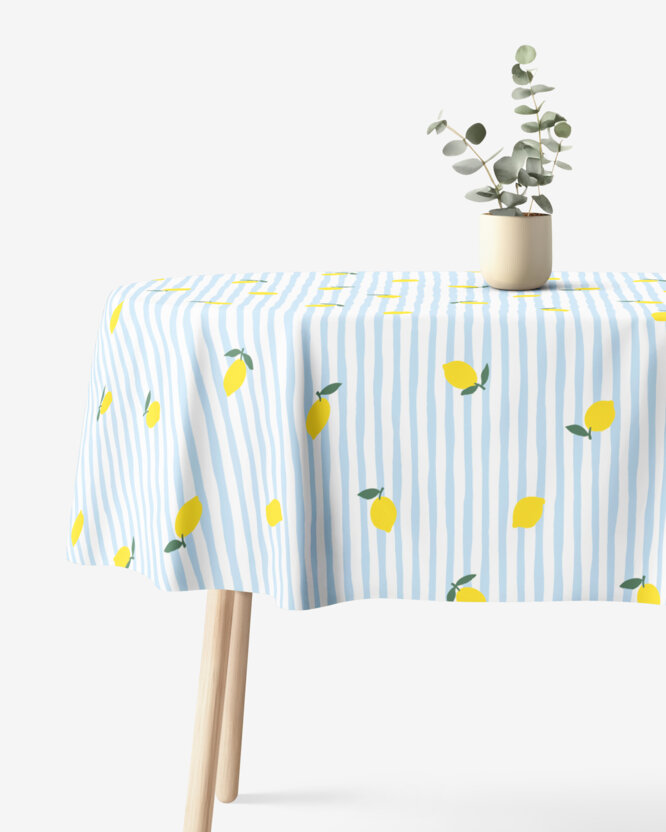 Ovale Tischdecke aus 100% Baumwolle - Frische Zitronen mit Streifen