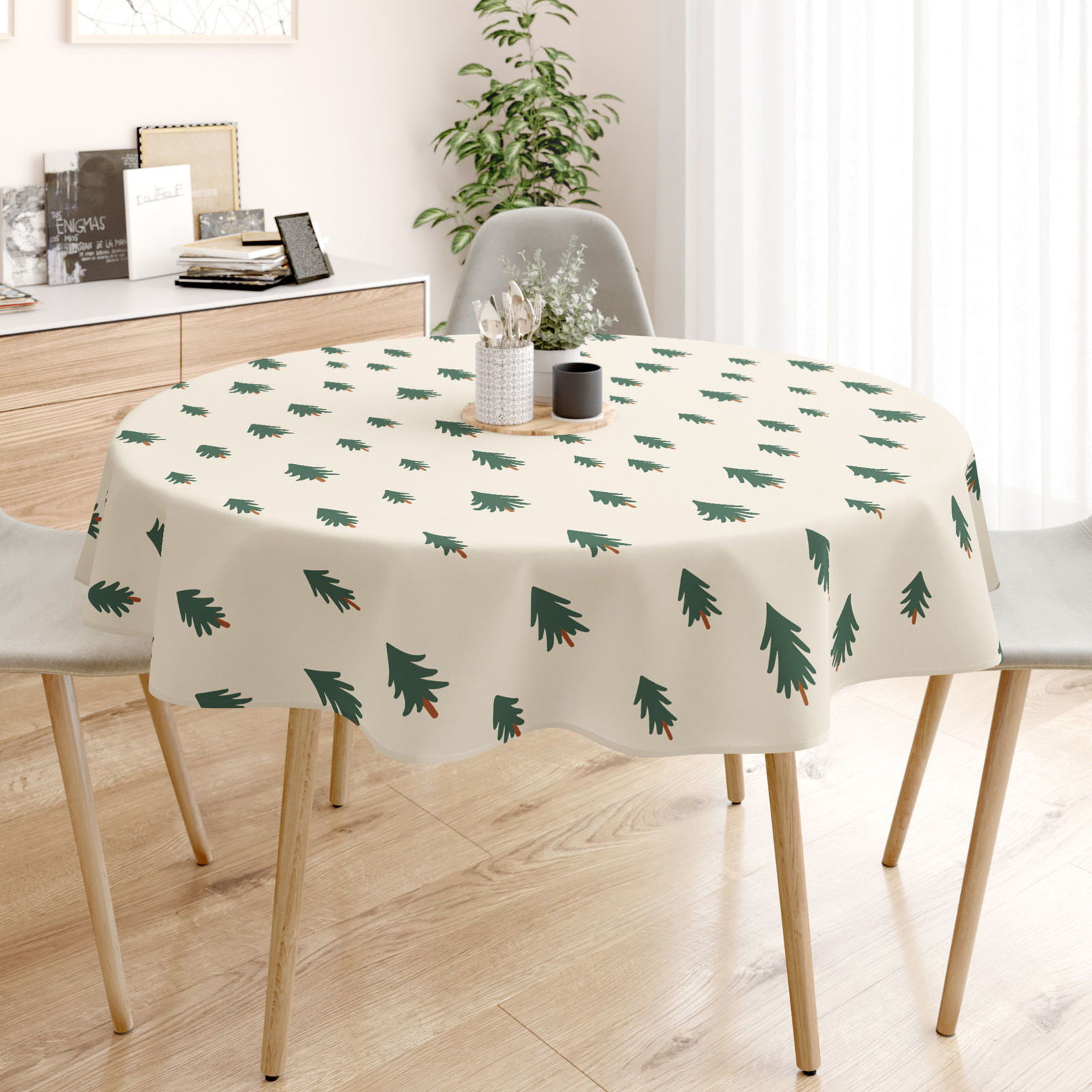 Weihnachtliche runde Tischdecke 100% Baumwollköper - Bäumchen auf natur