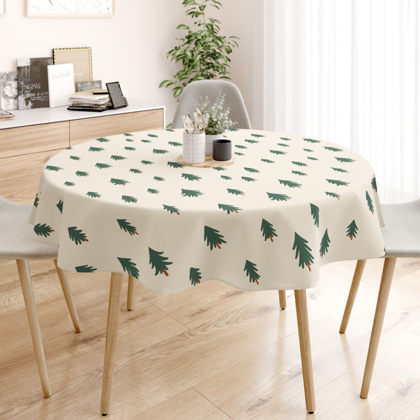 Weihnachtliche runde Tischdecke 100% Baumwollköper - Bäumchen auf natur