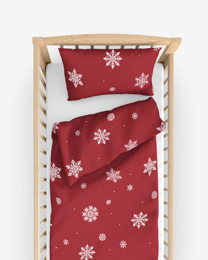 Weihnachtliche Bettwäsche für Babybetten aus Baumwolle - Schneeflocken auf Rot