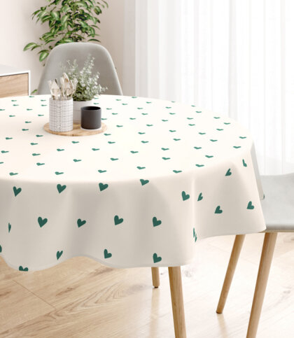 Runde Tischdecke 100% Baumwolle - Herzchen auf Elfenbein