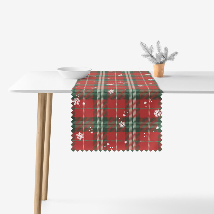 Weihnachtlicher Teflon-Tischläufer - Rotkariert mit Schneeflocken