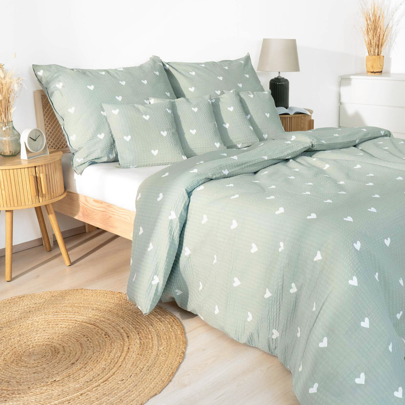 Seersucker Bettwäsche - Herzchen auf Salbeigrün