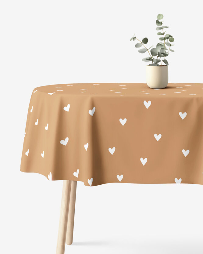 Ovale Tischdecke aus 100% Baumwolle - Herzchen auf Herbstbraun
