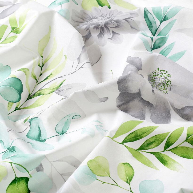 Runde Tischdecke 100% Baumwolle Deluxe - Eukalyptus mit Blumen