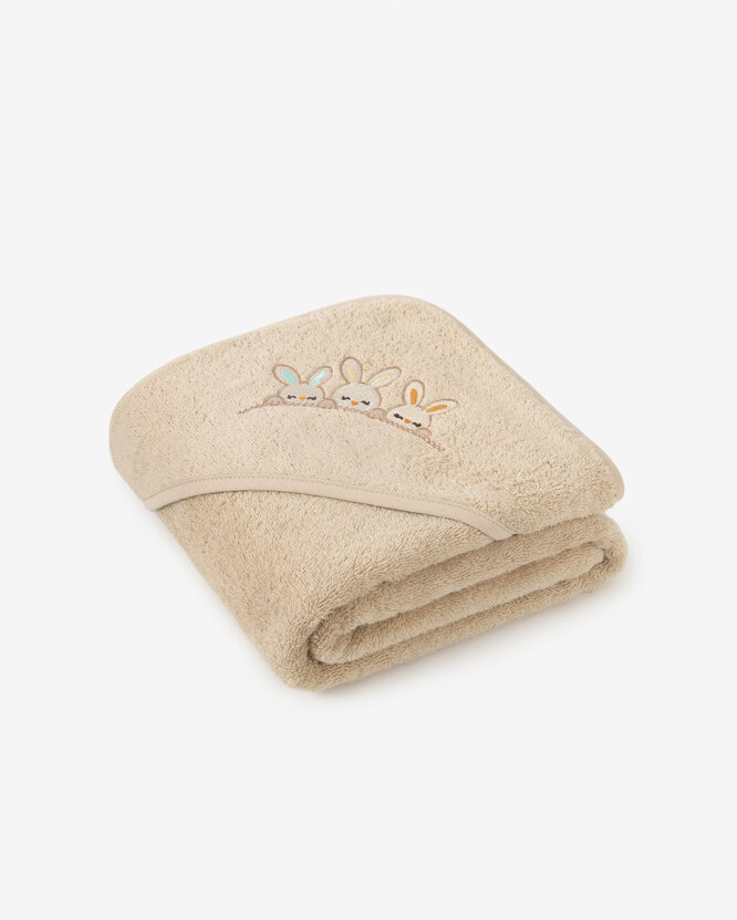 Frottee Babybadetuch mit Kapuze - Häschen auf Beige