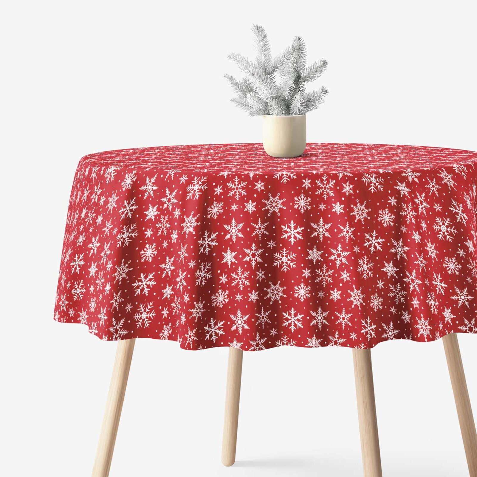 Weihnacht Runde Tischdecke Valencia - Weiße Flocken auf Rot