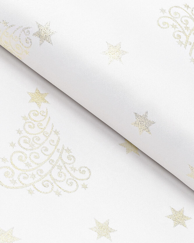 Weihnachtlicher Teflonstoff für Tischdecken – Goldene Tannenbäume und Sterne