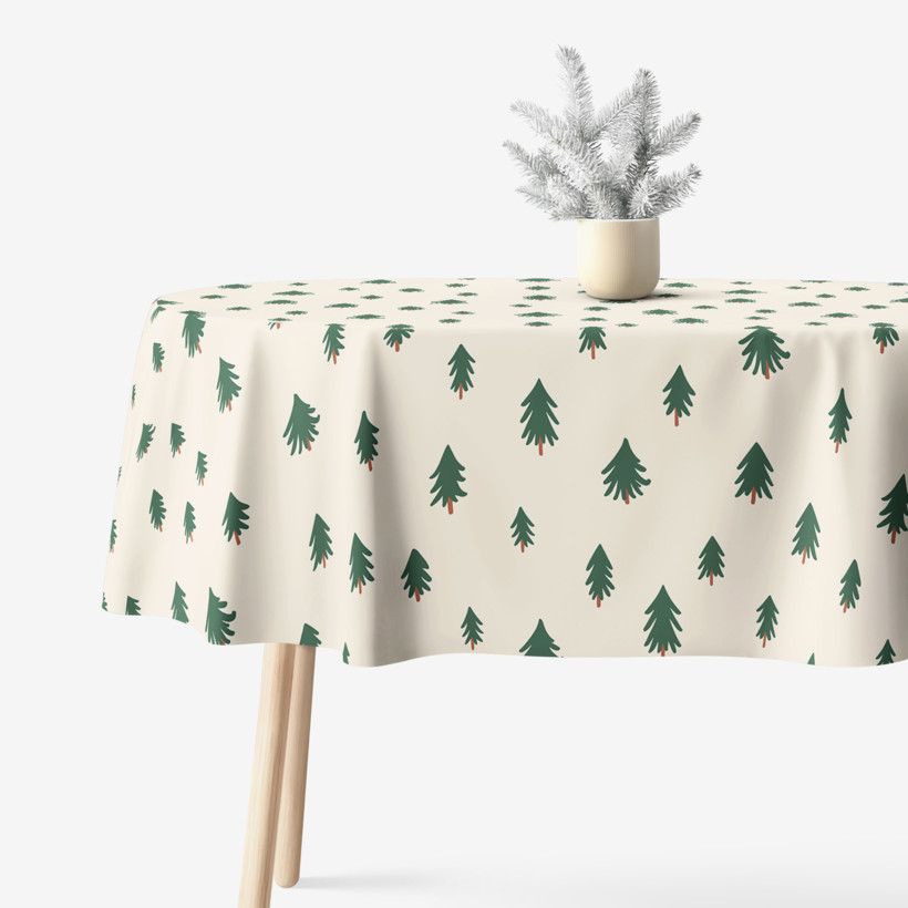 Weihnachtliche ovale Tischdecke aus festem Baumwollköper - Bäumchen auf natur