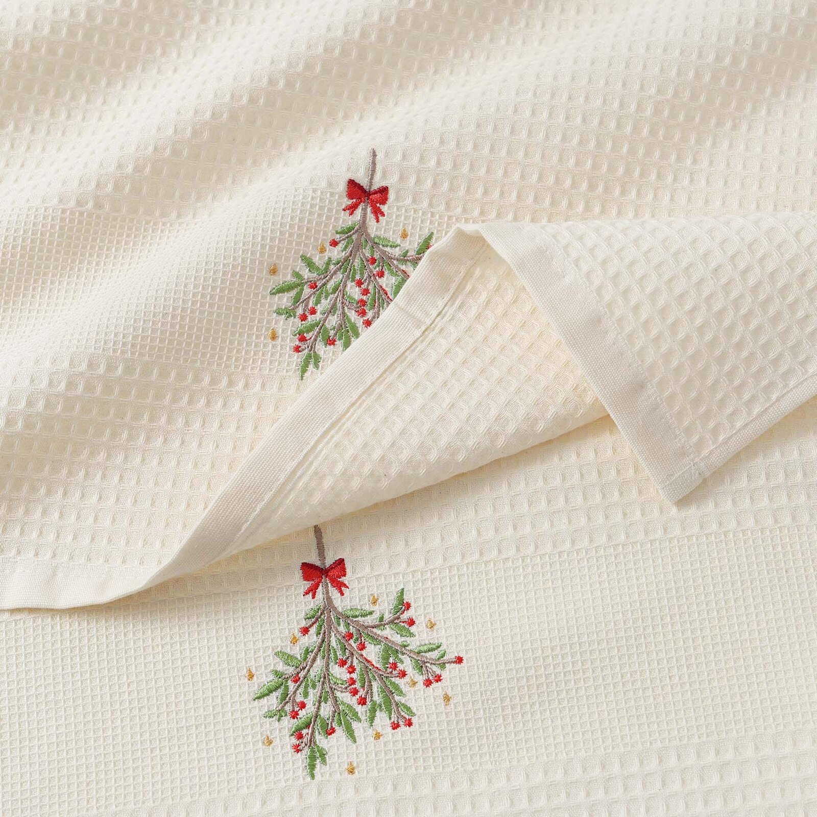 Waffel-Geschirrtuch mit Weihnachtsstickerei - Mistel auf cremefarbenem Grund