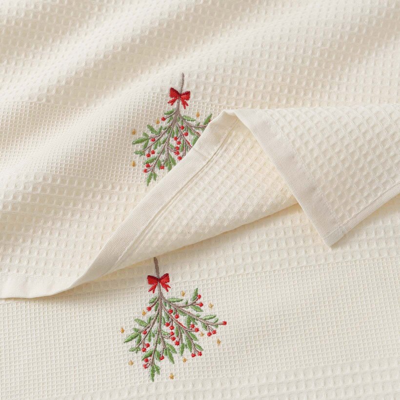 Waffel-Geschirrtuch mit Weihnachtsstickerei - Mistel auf cremefarbenem Grund