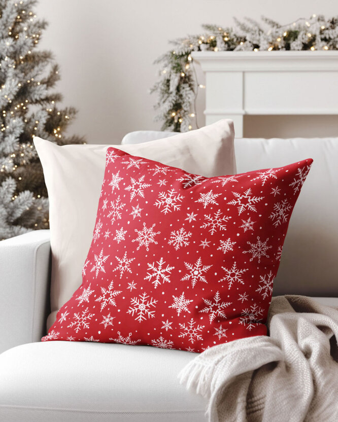 Weihnachtskissenbezug Valencia – Weiße Flocken auf Rot