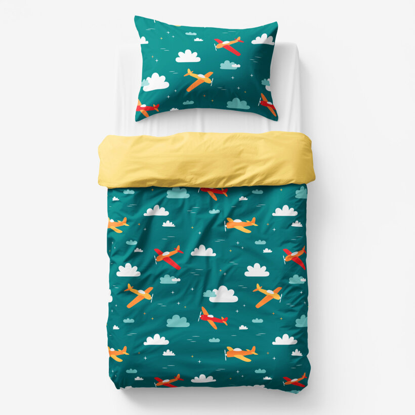 Kinder-Bettwäsche aus Baumwolle Duo - Abenteuer in der Luft mit gelb