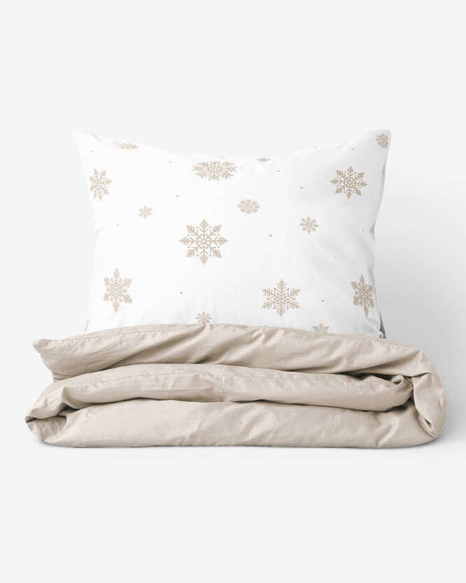 Weihnachtlich Bettwäsche aus Baumwolle Duo - Schneeflocken auf Weiß mit Latte