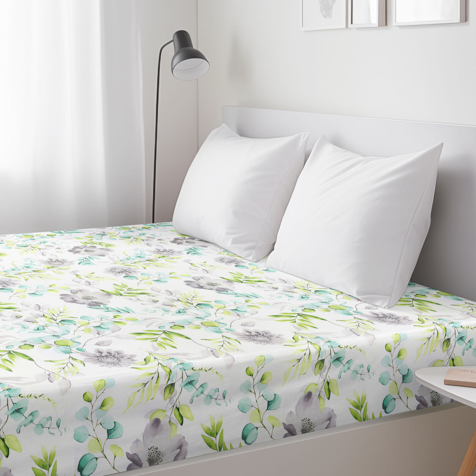 Spannbettlaken aus Baumwolle Deluxe - Eukalyptus mit Blumen