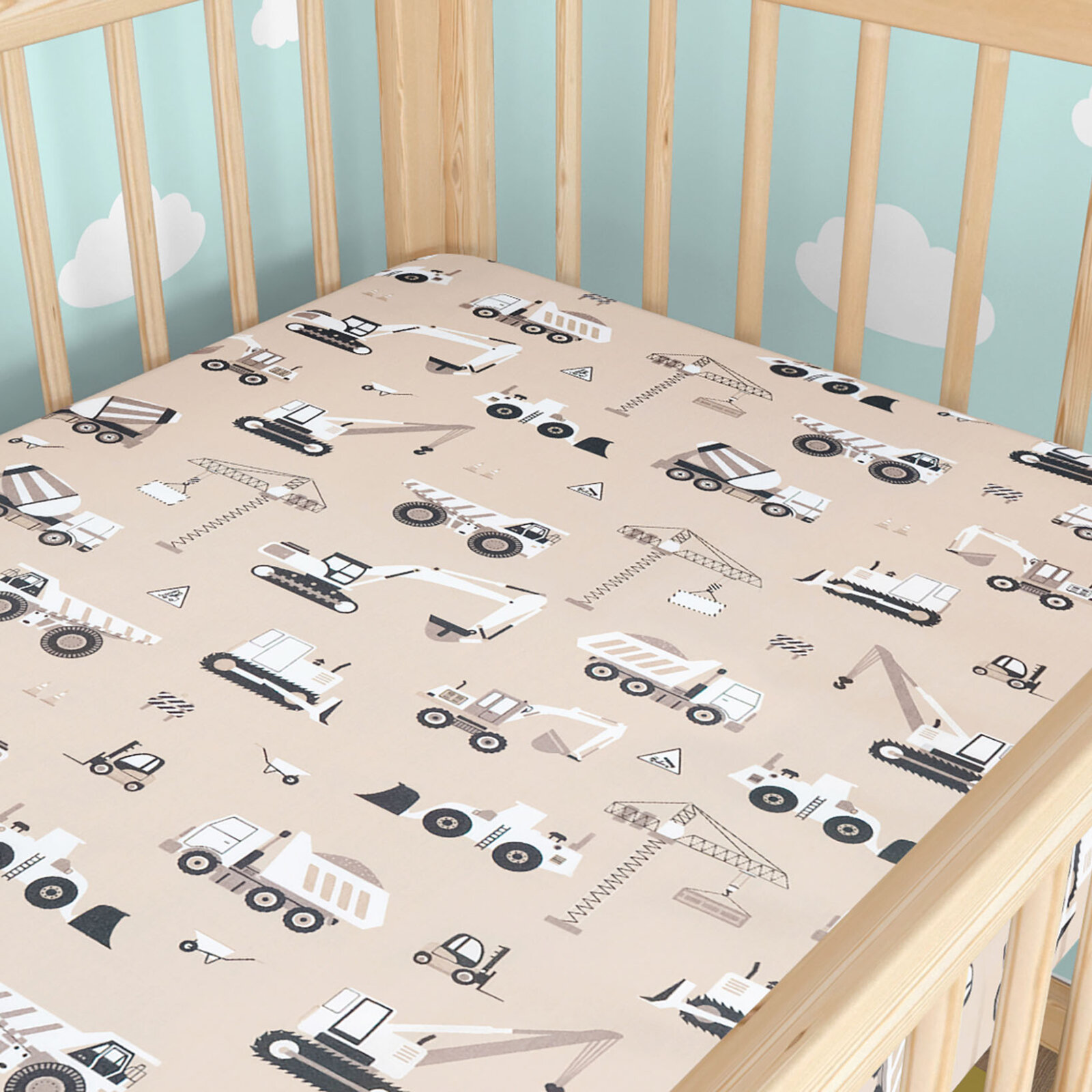 Spannbetttuch aus Baumwolle für Babybetten - Lastwagen und Bagger auf Beige