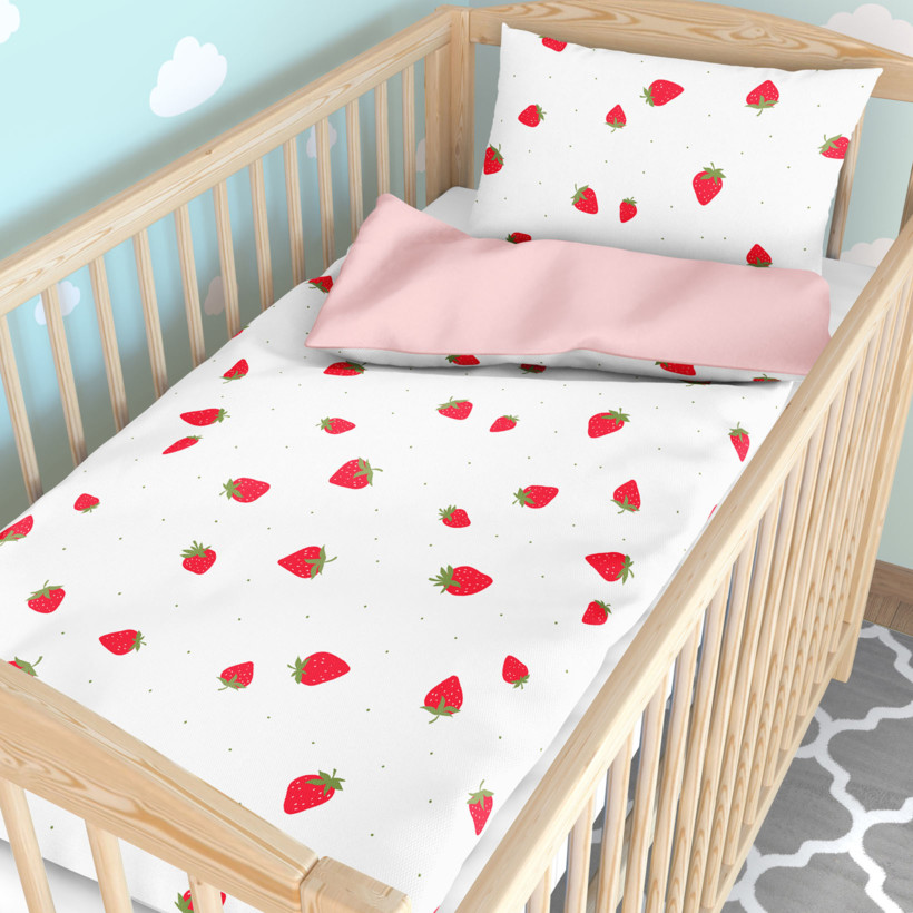 Bettwäsche für Babybetten aus Baumwolle Duo - frische Erdbeeren mit Puderrosa