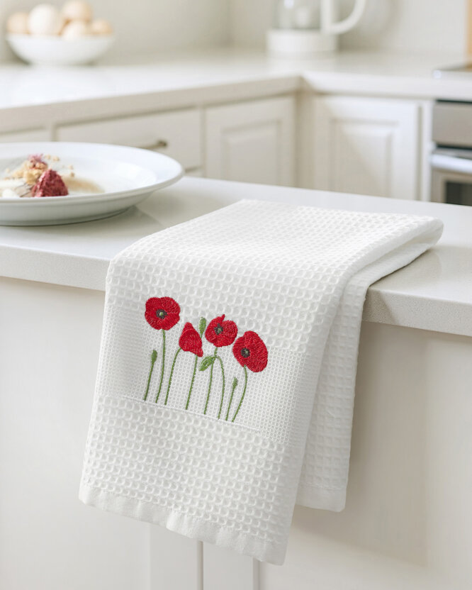 Waffel-Geschirrtuch mit Stickerei - Mohnblumen auf Weiß