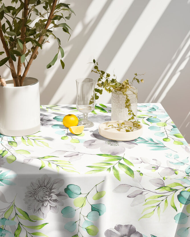 Eckige Tischdecke 100% Baumwolle Deluxe - Eukalyptus mit Blumen