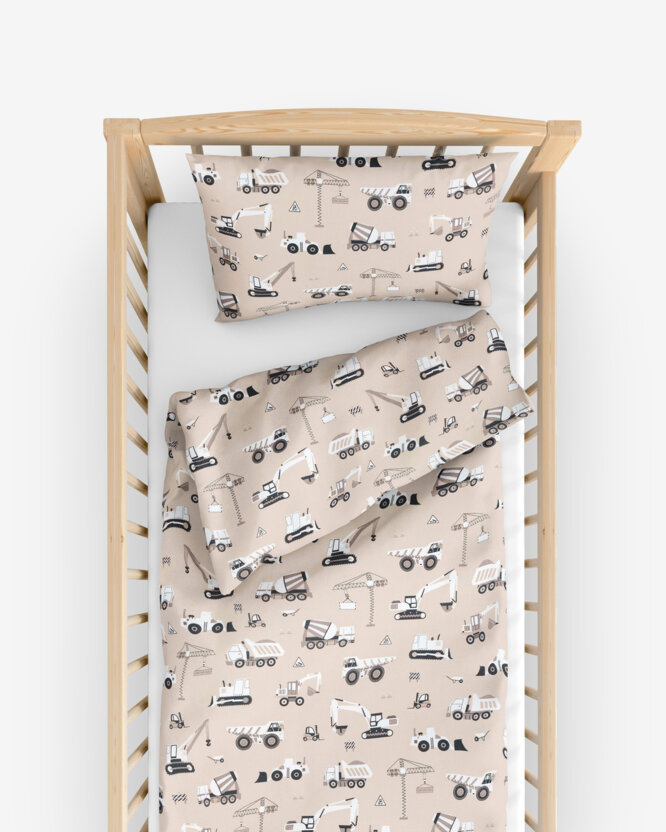 Bettwäsche für Babybetten aus Baumwolle - Lastwagen und Bagger auf Beige
