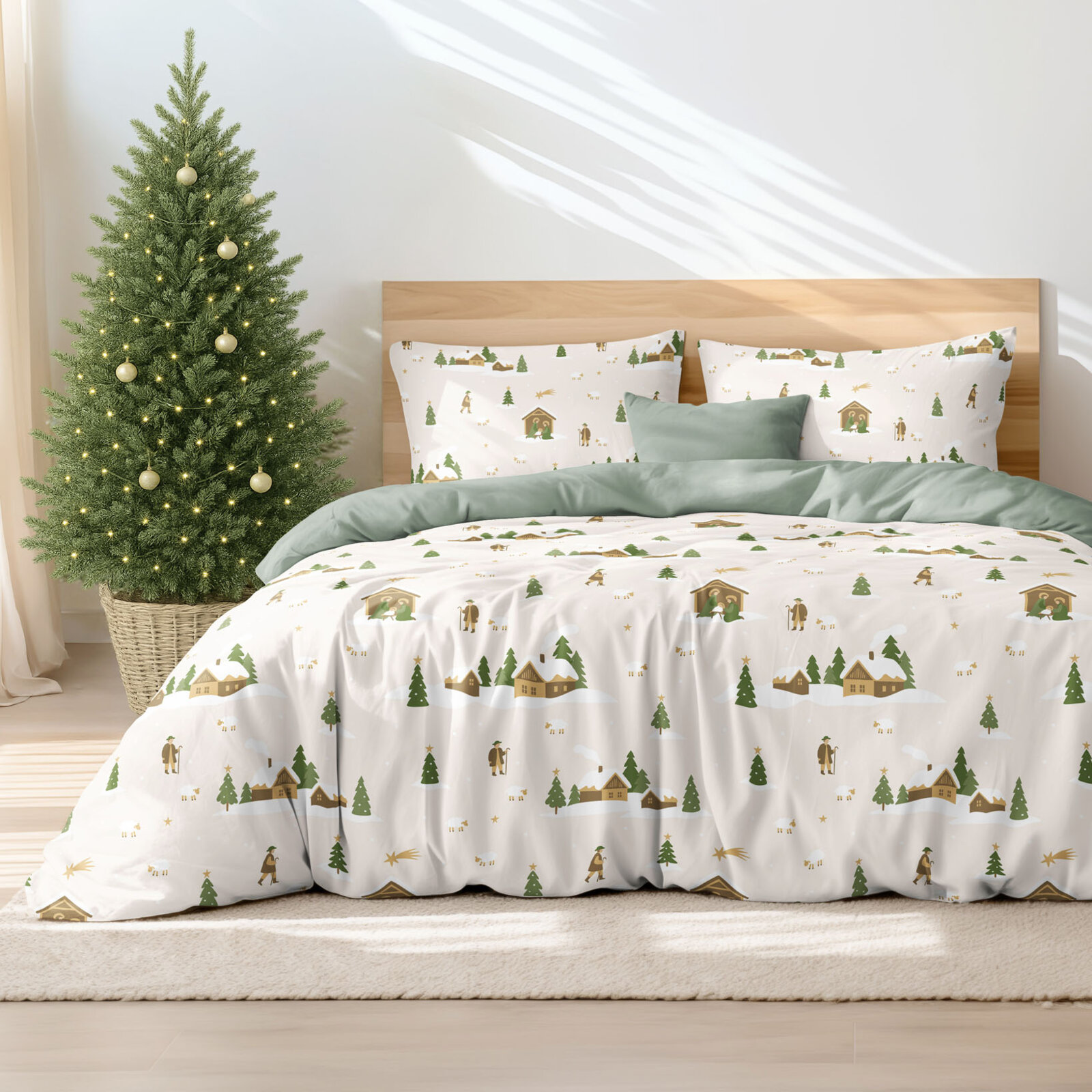 Weihnachts-Bettwäsche aus Baumwolle Duo - Weihnachtslieder mit Salbeigrün