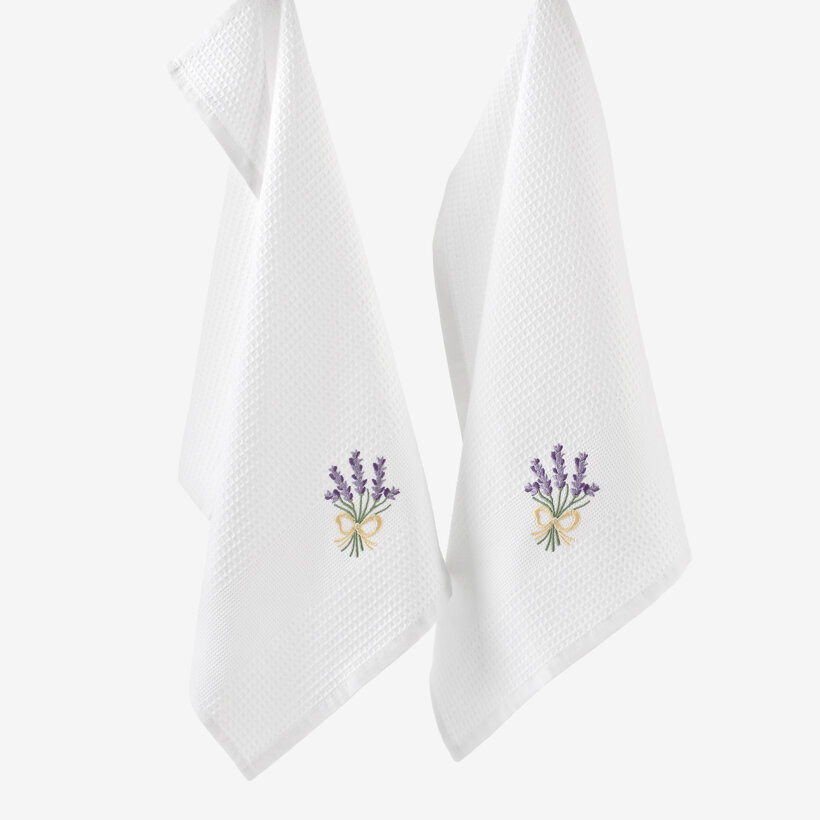 Waffel-Geschirrtuch mit Stickerei - Lavendel auf Weiß
