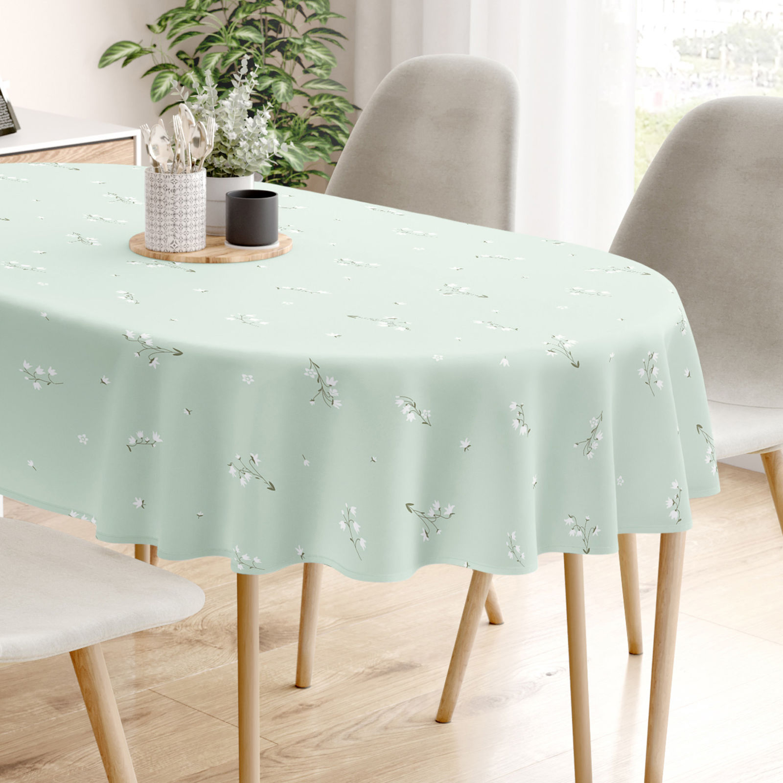 Ovale Tischdecke aus 100% Baumwolle - Maiglöckchen