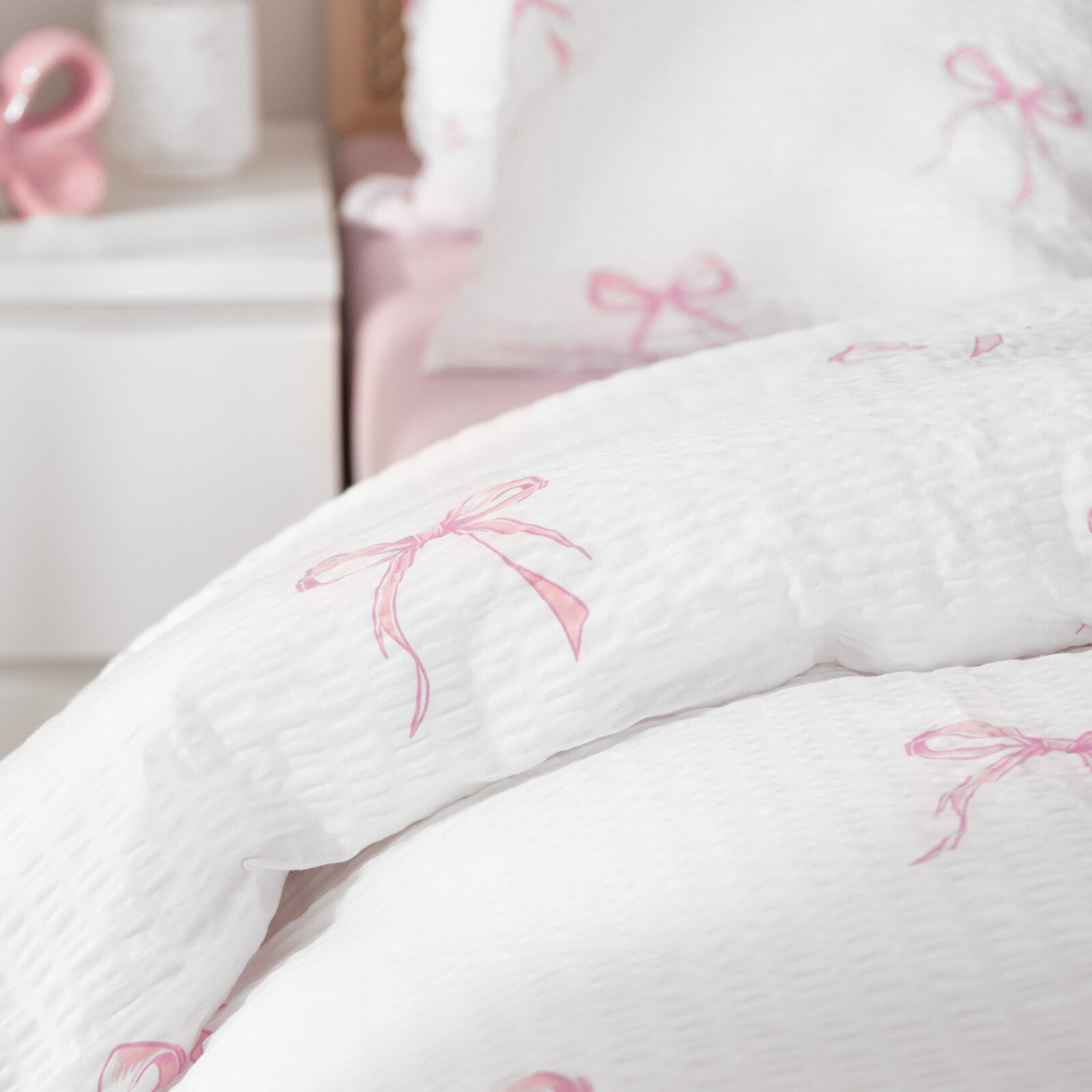 Seersucker Bettwäsche - rosa Schleifen