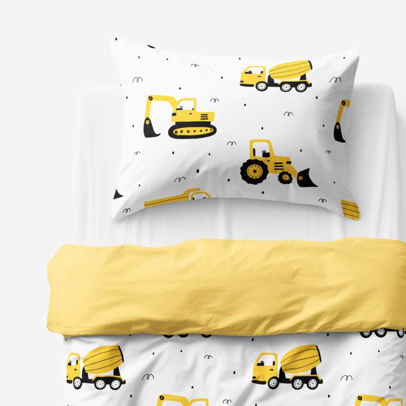 Kinder-Bettwäsche aus Baumwolle Duo - Bagger und Baufahrzeuge mit gelb