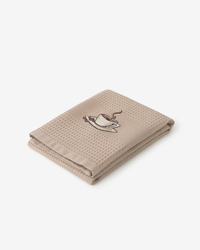 Waffel-Geschirrtuch mit Stickerei - Kaffee auf Braun