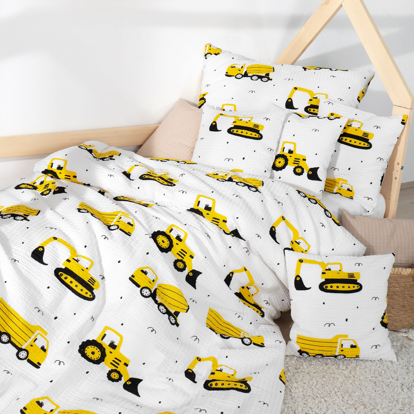 Kinder - Seersucker Bettwäsche - Bagger und Baufahrzeuge