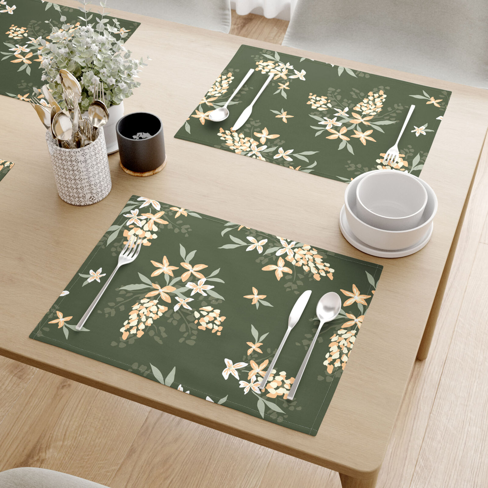 Tischset 100% Baumwolle - apricotfarbene Blumen - 2 Stück