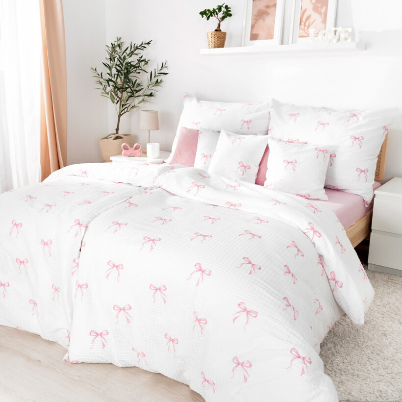 Seersucker Bettwäsche - rosa Schleifen