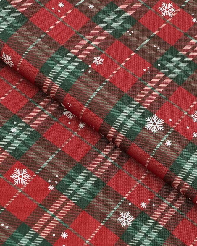 Weihnachtlicher Teflonstoff für Tischdecken – Rotkariert mit Schneeflocken