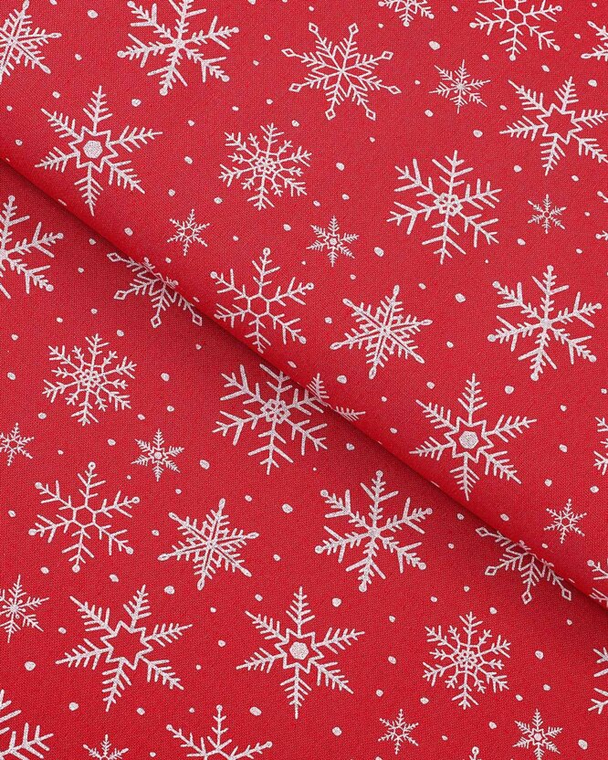 Dekorativer Stoff Valencia - Weihnachtssterne auf rotem Hintergrund